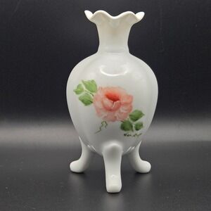 Vintage Porcelain Vase Hand Painted‎ Floral Design Signed Van Dyne 3 Leg Base